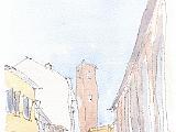 ラヴェンナの旧市街  ラヴェンナの旧市街で。中央奥の建物は、中世、高さを競い合った塔の名残。
