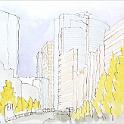 東京 三原橋交差点から  スケッチ教室で。「汐留シオサイト」と黄葉の銀杏並木。