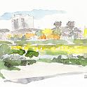 多摩堤通りから 多摩川対岸を望む  多摩川の向こうに見えているのは、「とどろきアリーナ」と「川崎市市民ミュージアム」。