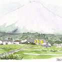 静岡 朝霧高原 「丸山牧場」  さらに少し下ると左側に牧場が。牛が草を食べていました。雲が切れて一瞬富士山の姿が。
