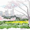 さいたま市 見沼たんぼから  自宅近くの見沼たんぼは、気軽に出かけられるスケッチポイントです。この日も見沼代用水沿いをスケッチ散歩しました。桜まだまだでしたが、桃の花と菜の花が満開でした。