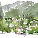 奥多摩沢井  同じ日、吉野街道沿いにある寒山寺駐車場から、多摩川対岸の沢井の集落を描きました。