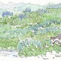 群馬 中之条町 塩川付近  さらに走ったときに吾妻川の対岸に見えた建物を描きました。