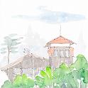 清里 清泉寮で  本館前の広場からハンターホールを描きました。