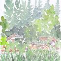 蓼科 バラクラ・イングリッシュガーデンで  緑に囲まれた園内の建物をスケッチ。