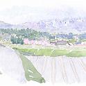 信州　里の春  自転車で霧ヶ峰からふもとの集落まで下りてきたら、雪の残る八ヶ岳を背景に花咲く里の風景が広がってきました。