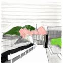 road to sea,Ogijima,Takamatsu,Kagawa  2016年4月、瀬戸内芸術祭で男木島へ。港から上がってきて振り返ると。同じモチーフをiPadのアプリでも描いてる。- Liquitex Acrylic Marker on FAVRIANO 1264