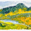 Shirakabako,Autumn  車山中腹からの秋の白樺湖。カワチのオイルパステルでセヌリエの水彩紙（極細目）に描いてみた。ラフなままのと、- Kawachi Oil Pastel on SENNELIER Watercolour Paper