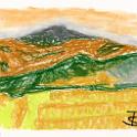 Autumn, Kirigamine  霧ヶ峰高原、カラマツの黄葉。奥の山は蓼科山。- Sakura CRAY-PAS on SENNELIER Watercolour Paper (Hot Pressed)